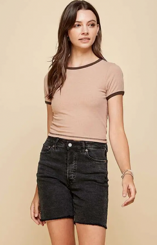 Taupe And Chocolate Color Block Ringer Tee