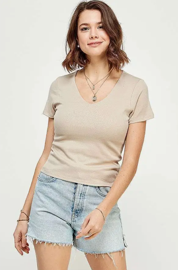 Latte Double Layered V-Neck Ribbed Tee