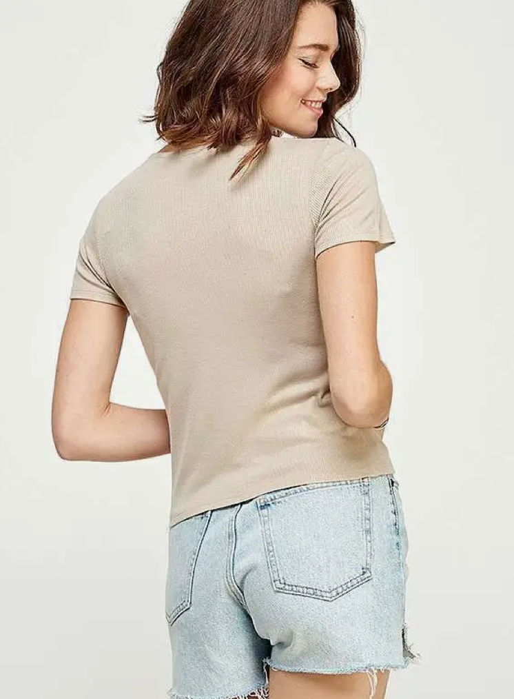 Latte Double Layered V-Neck Ribbed Tee