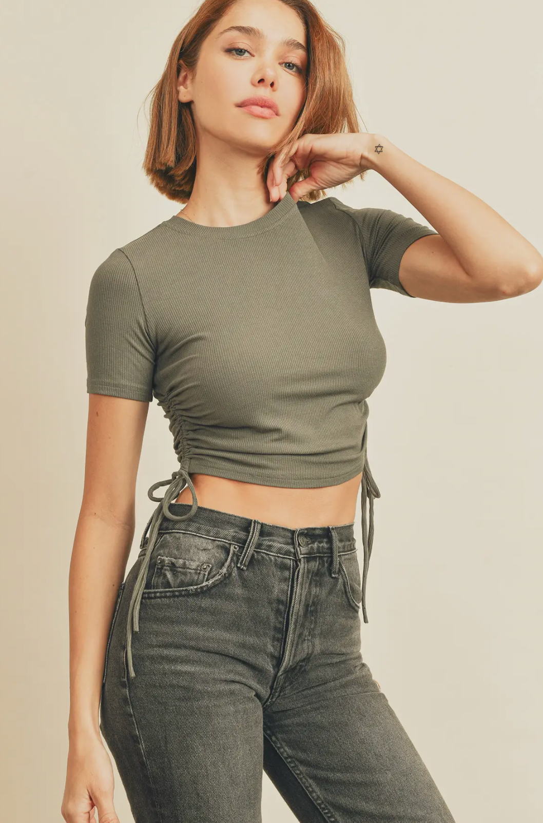 Olive Ribbed Knit Drawstring Ruched Tee
