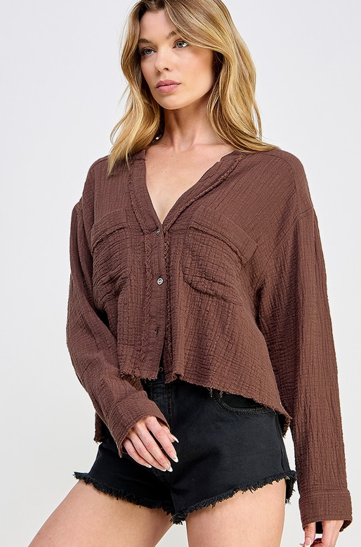 Brown Double Gauze Cropped Button Down