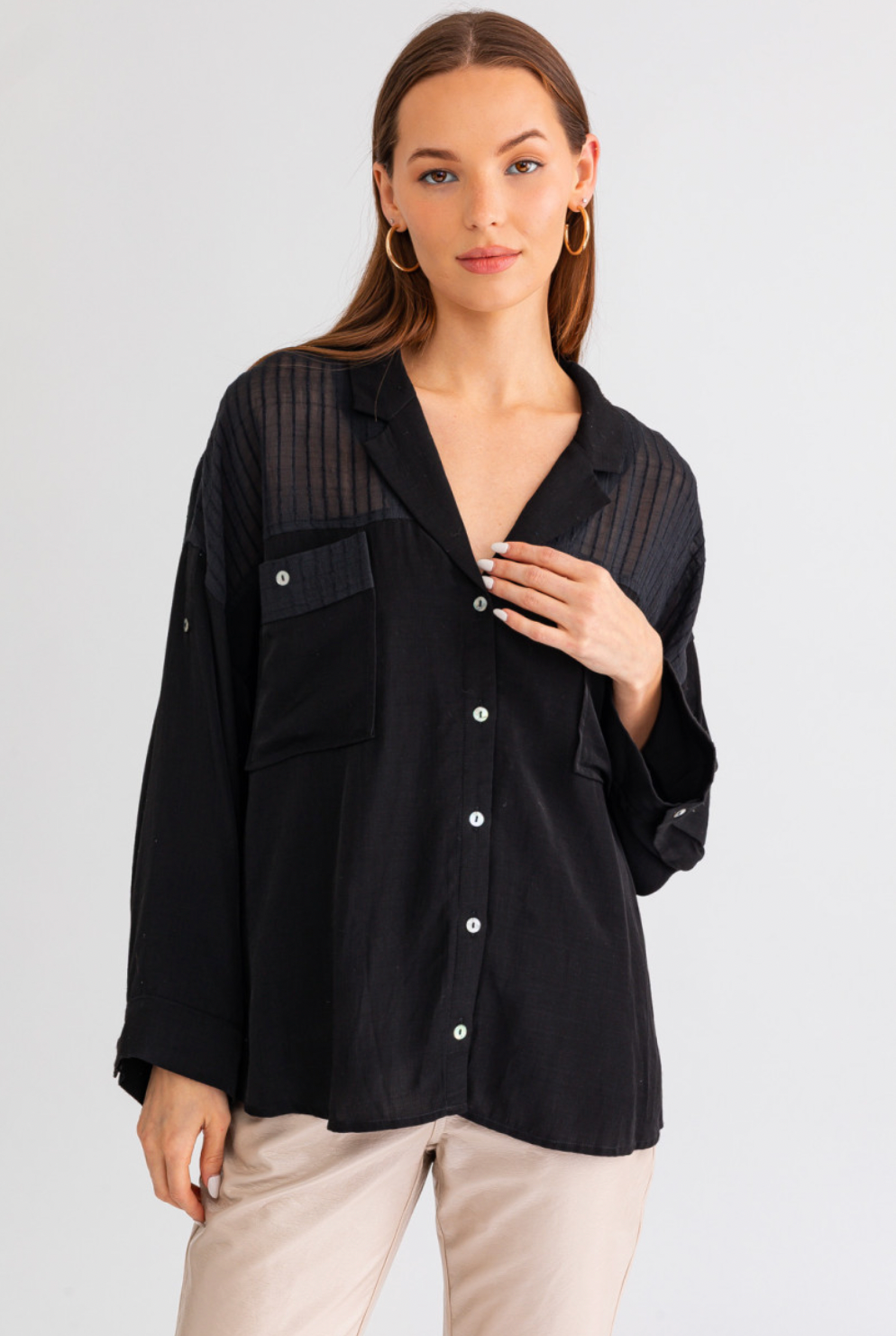 Black Oversized Detailed Button Down