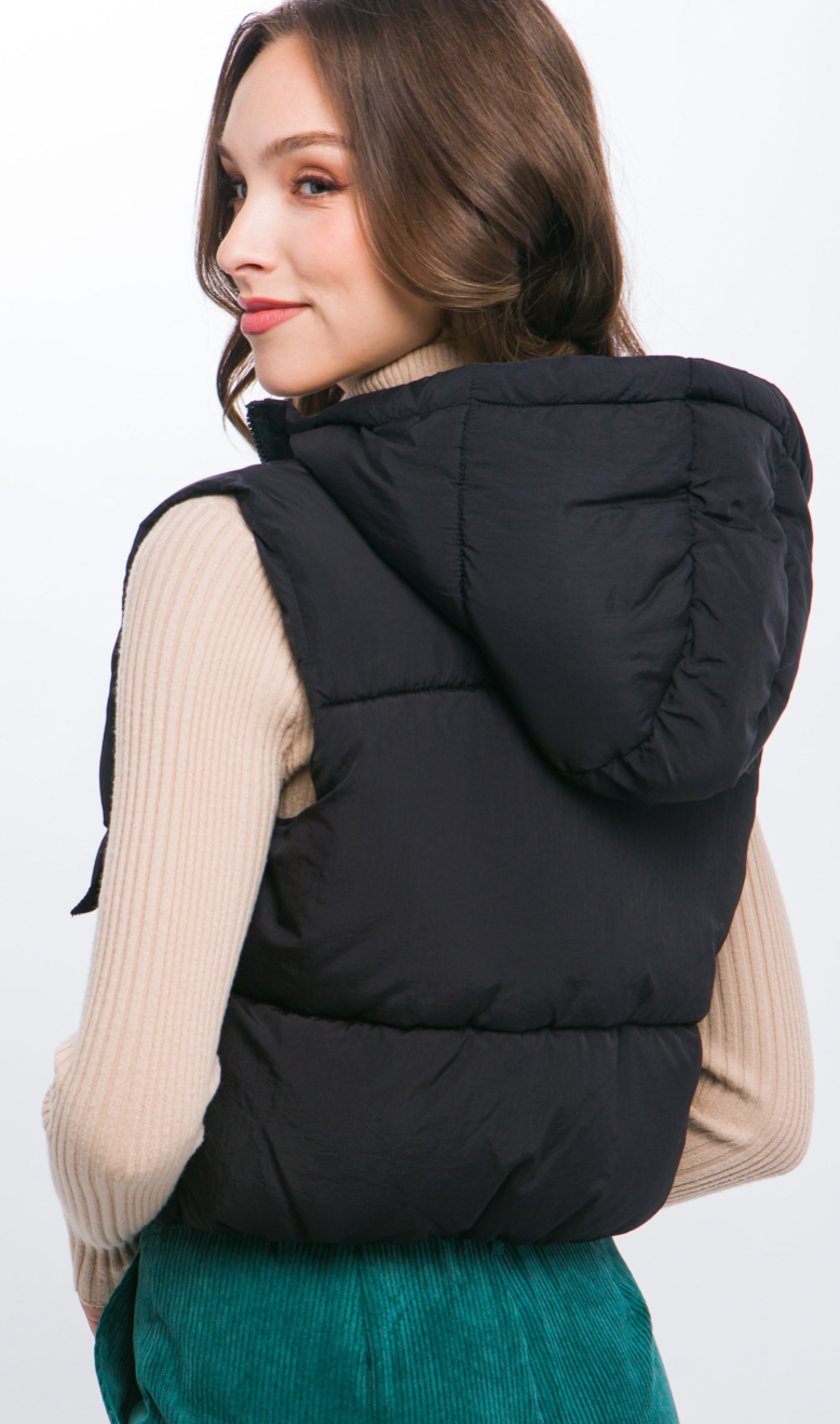 Black Hooded Cargo Puffer Vest