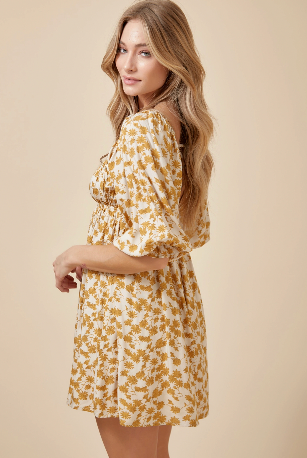 Lace Back Fall Floral Puff Sleeve Dress