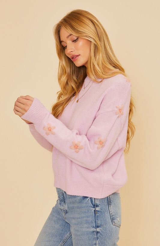 Lilac Sweater with Crochet Flower Sleeves
