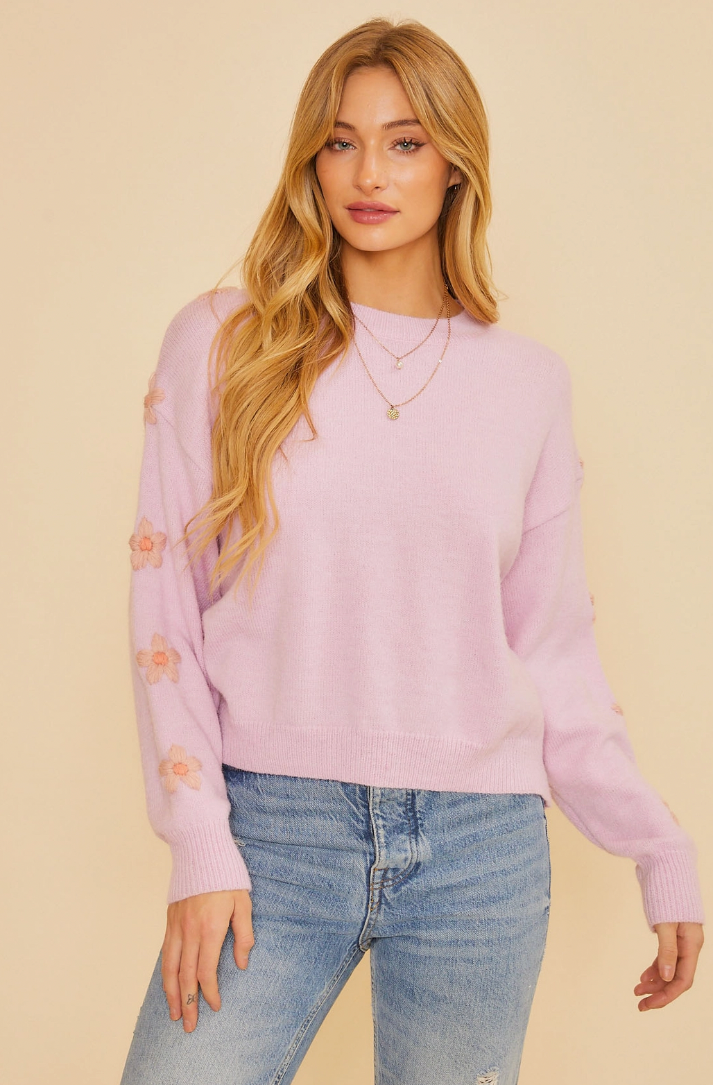 Lilac Sweater with Crochet Flower Sleeves