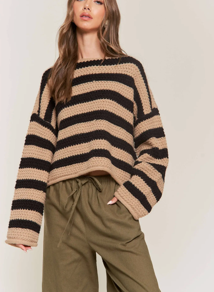 Striped Mocha/Black Knit Sweater