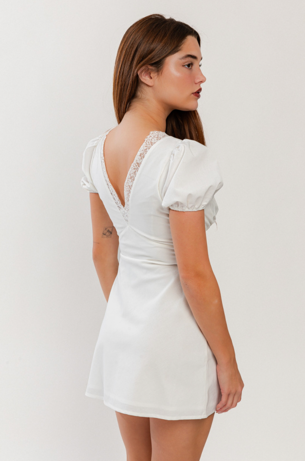 White Puff Sleeve Lace Trimmed Mini Dress