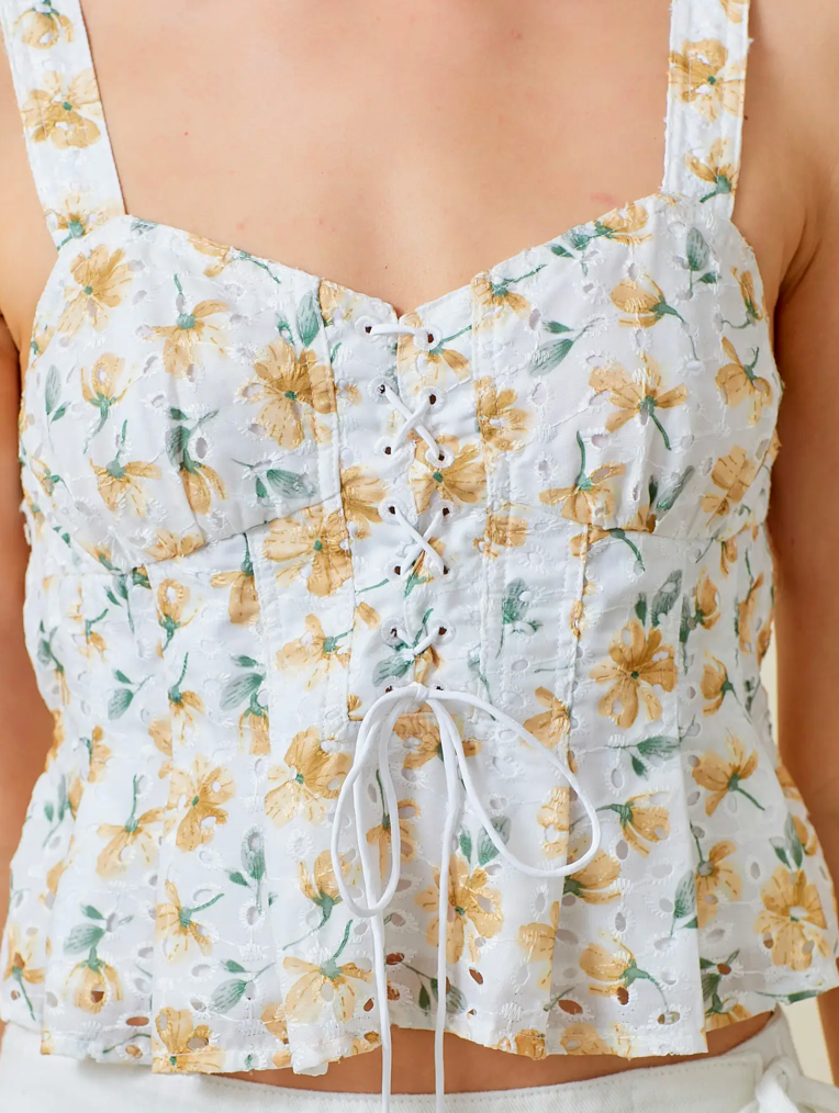 Yellow Floral Printed Eyelet Corset Top