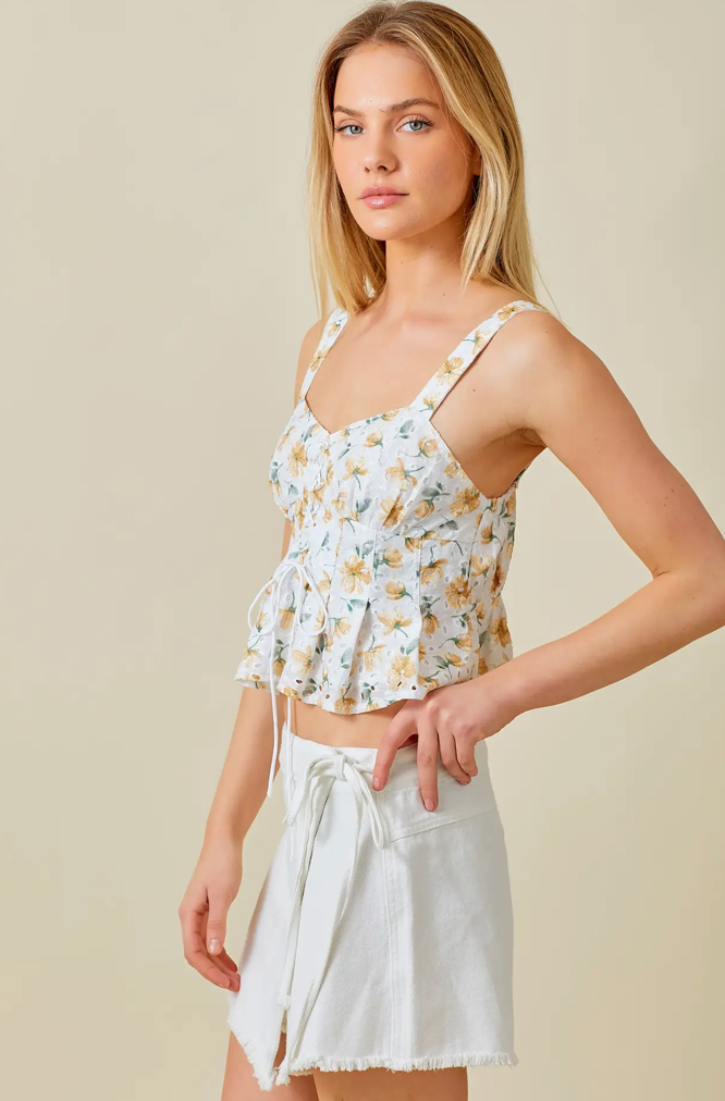 Yellow Floral Printed Eyelet Corset Top