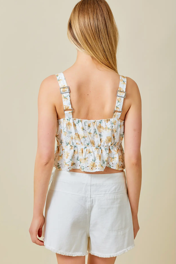 Yellow Floral Printed Eyelet Corset Top