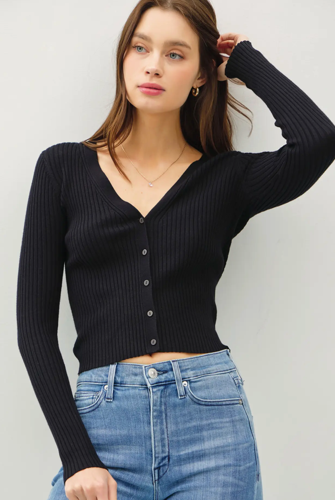 Ribbed Vneck Slim Cardigan Black