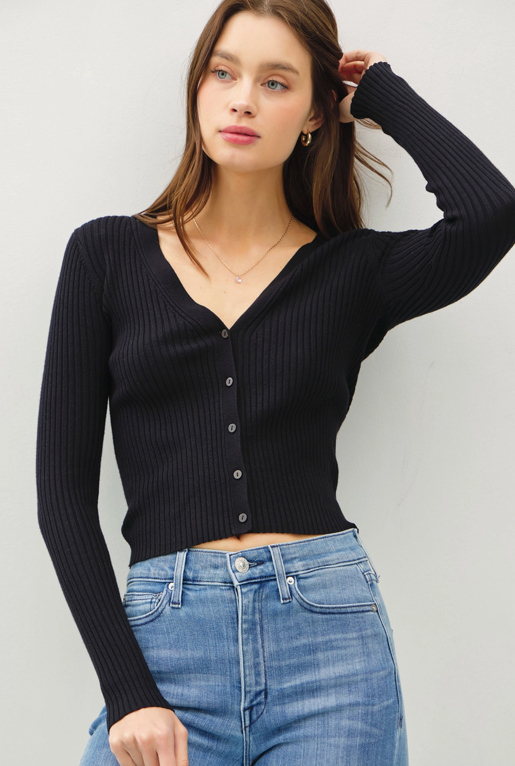 Ribbed Vneck Slim Cardigan Black