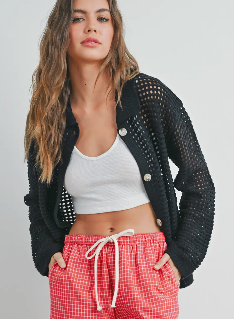 Black Open Stitch Collared Cardigan