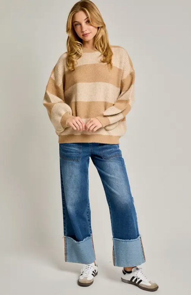 Crewneck Two Toned Striped Sweater