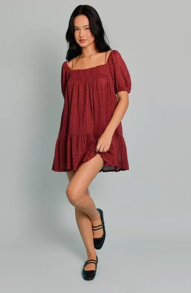 Brick Puff Sleeve Tiered Dress