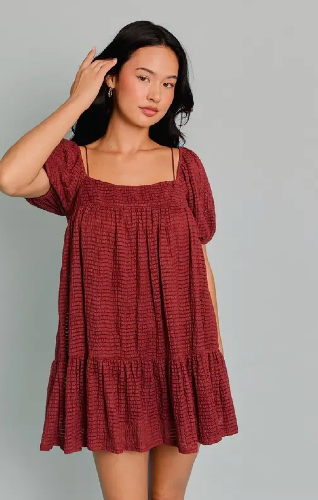 Brick Puff Sleeve Tiered Dress