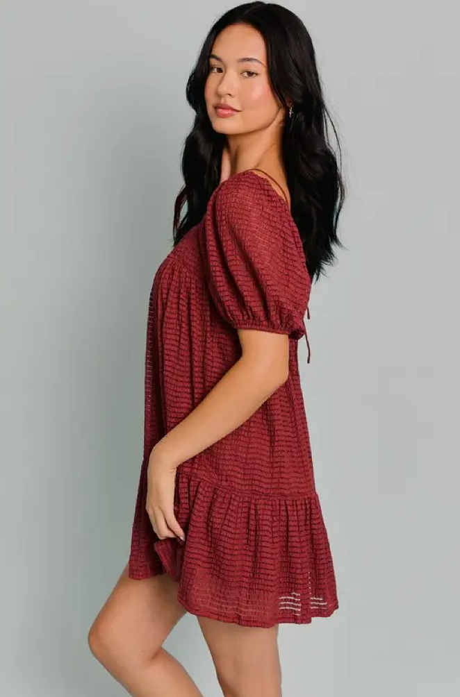 Brick Puff Sleeve Tiered Dress