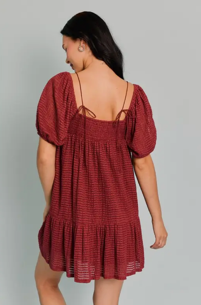 Brick Puff Sleeve Tiered Dress