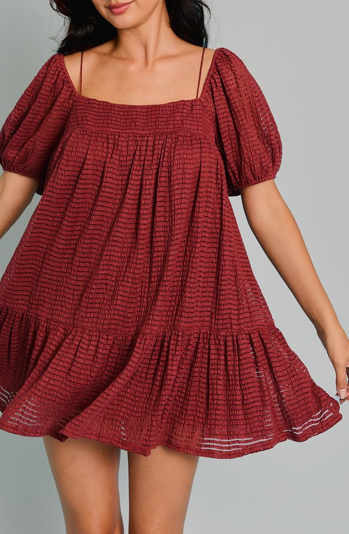 Brick Puff Sleeve Tiered Dress