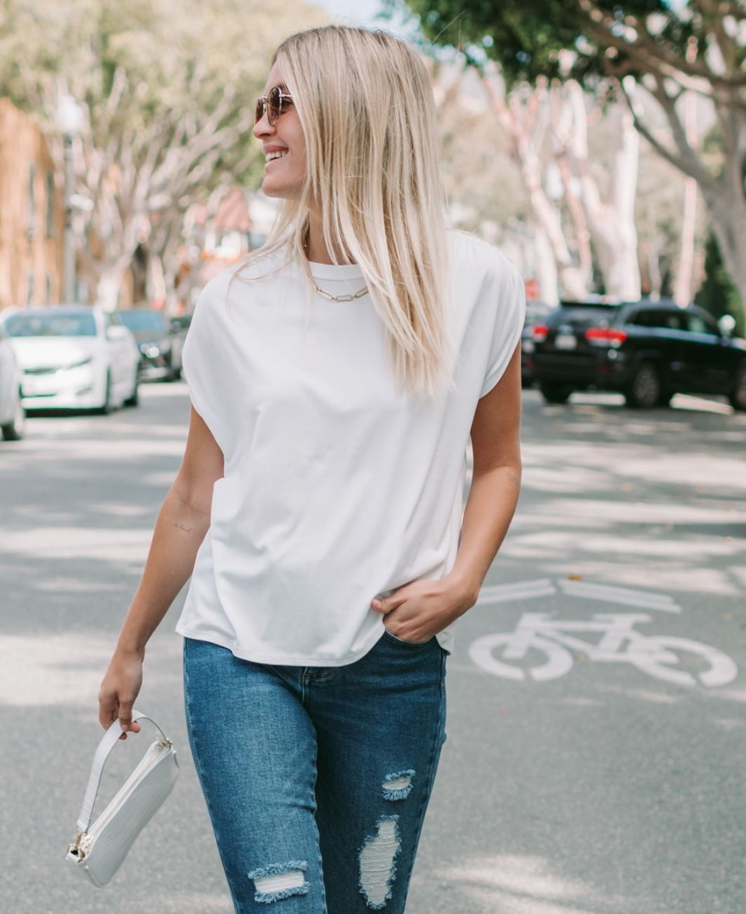 White Ruched Shoulder tee