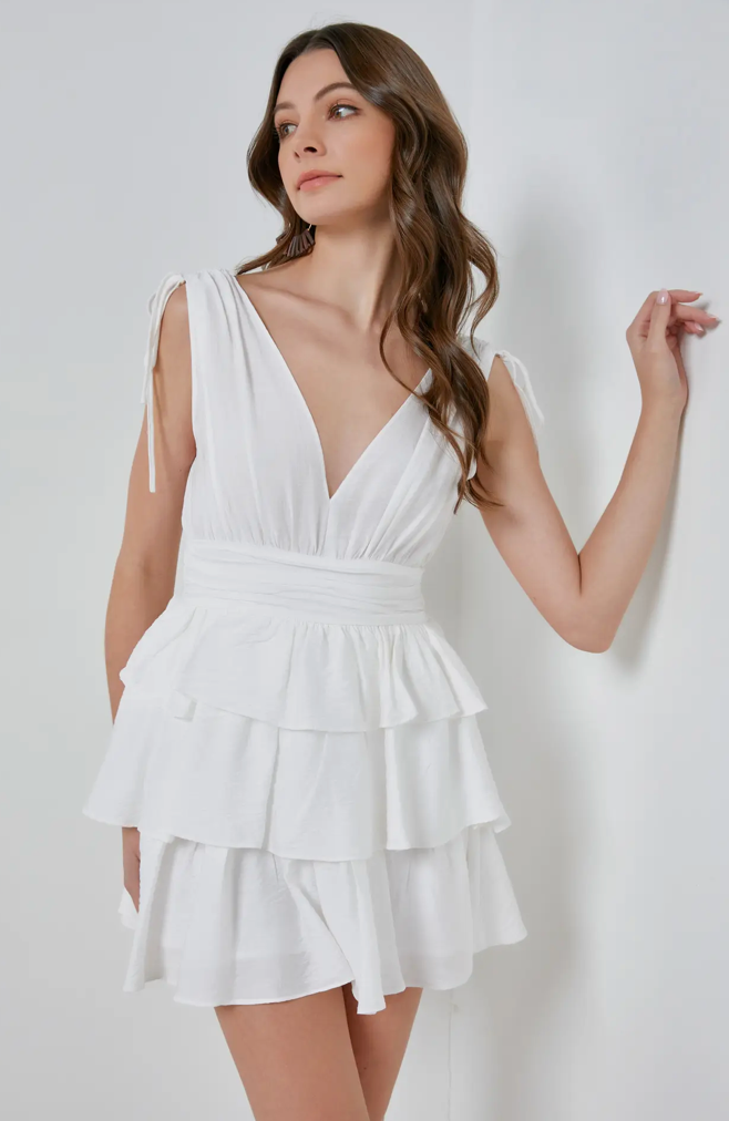 White V-neck Tiered Ruffle Dress